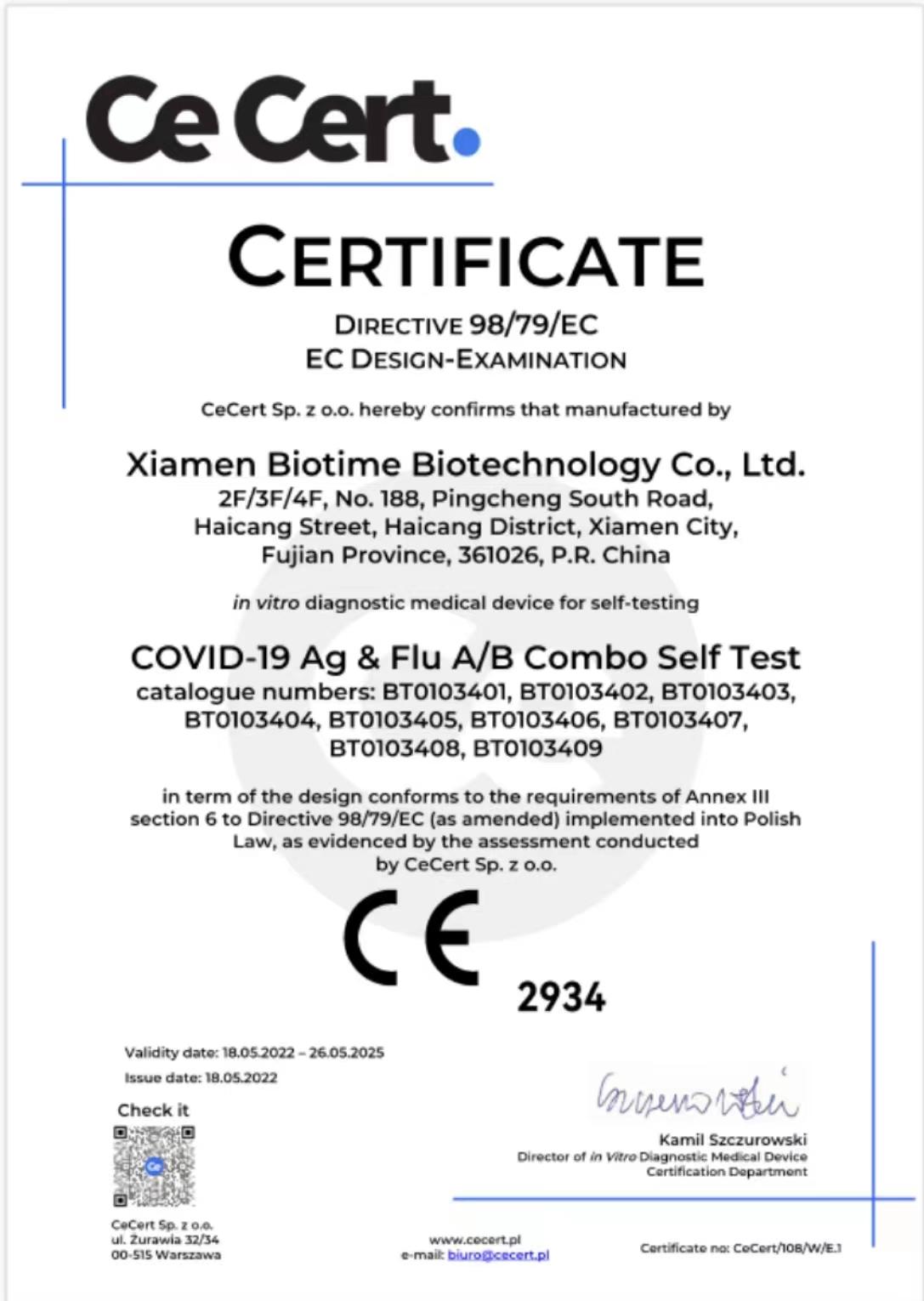 biotime's Teste combinado COVID-19 ag & flua/b obtém marca CE para autoteste
